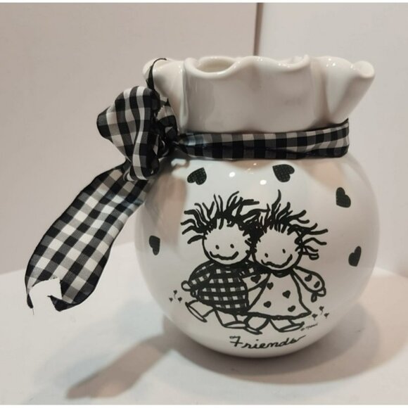 Vtg Baum Bros Children of the Light Friends Vase with Black Check Ribbon 7" Tall - Picture 1 of 12